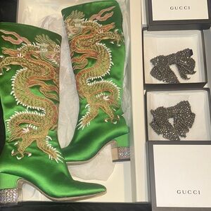Gucci Green Satin Boots with Gold Dragon Embroidery